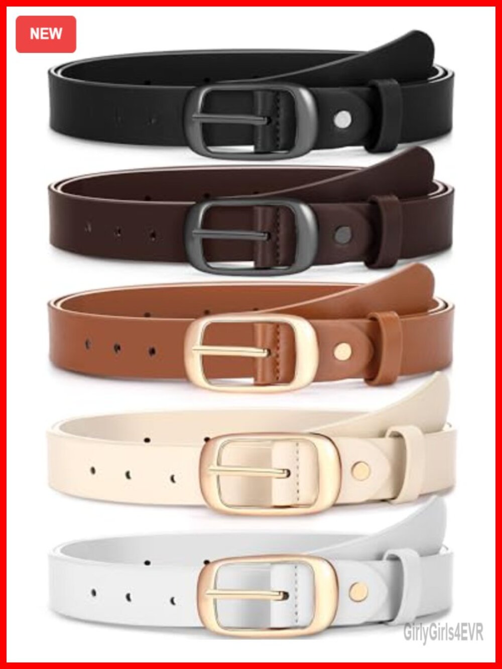 5 Pack Women's PU Leather Belts with Silver Alloy Pin Buckle for Jeans and